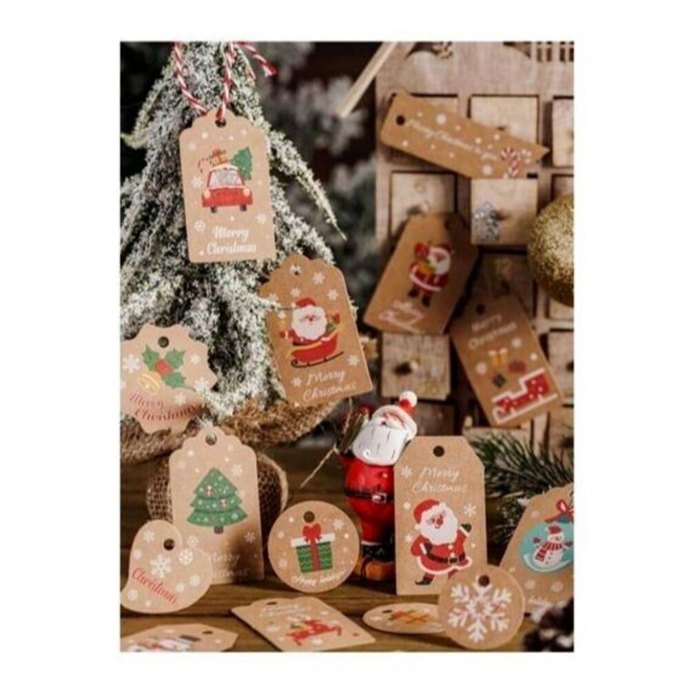 100 PCS Christmas Cartoon Graphic Gift Wrap Tags with Strings Holiday Gift Tags